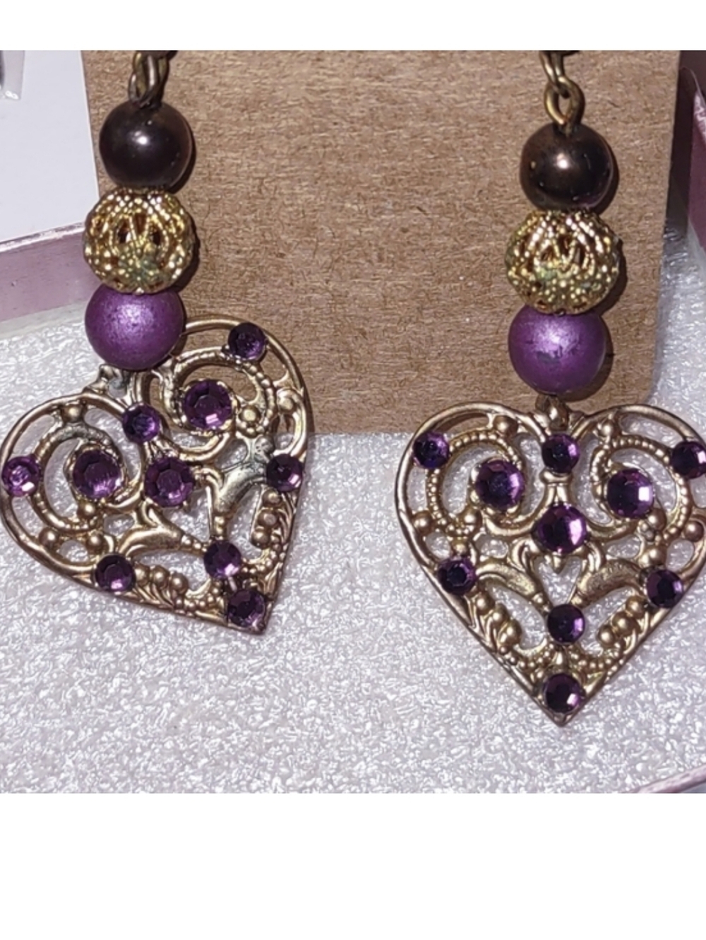 Vintage Purple Crystal Antique Gold-colored Heart Earrings